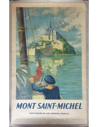 Affiche Tourisme MONT SAINT-MICHEL Bateau Voilier SNCF Marin STARR 62x100cm 1947 la colonne vertébrale