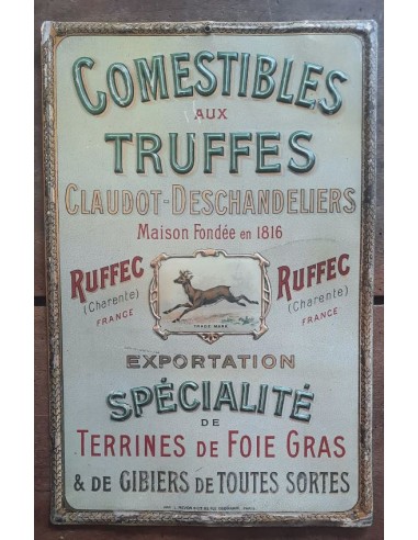 Ancienne Plaque Tôle lithographiée COMESTIBLES AUX TRUFFES Périgord épicerie Sarlat 25x38cm france